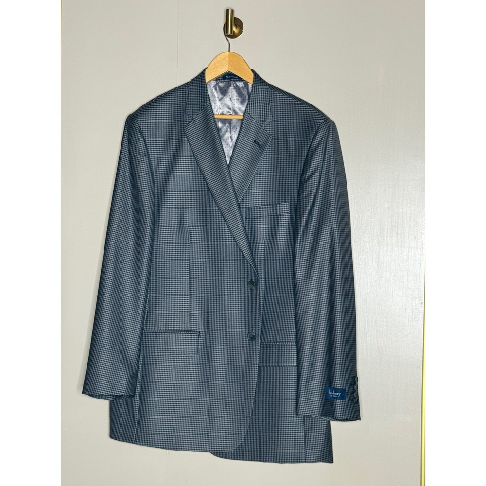 Turnbury Mens 48L Wool Silk Blend Blazer Grey Micro Houndstooth Sport Coat 48 L